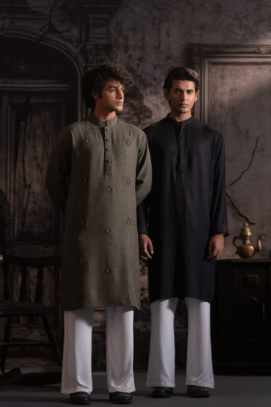 Olive and black embroidered panjabis