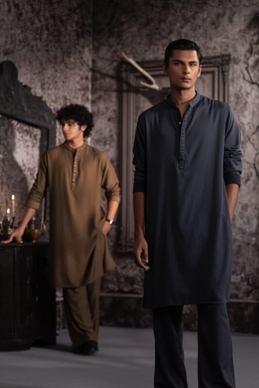 Olive and charcoal panjabis with embroidered plackets