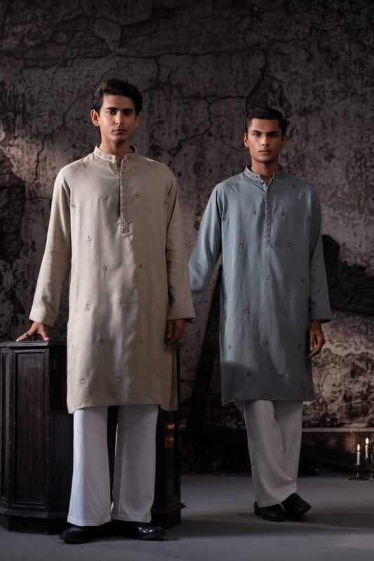 Ivory and slate-blue panjabis with all-over embroidery