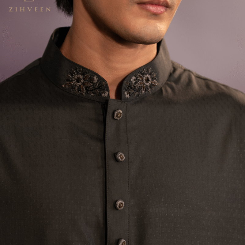 Sacramento green panjabi with zardoji collar and buttons