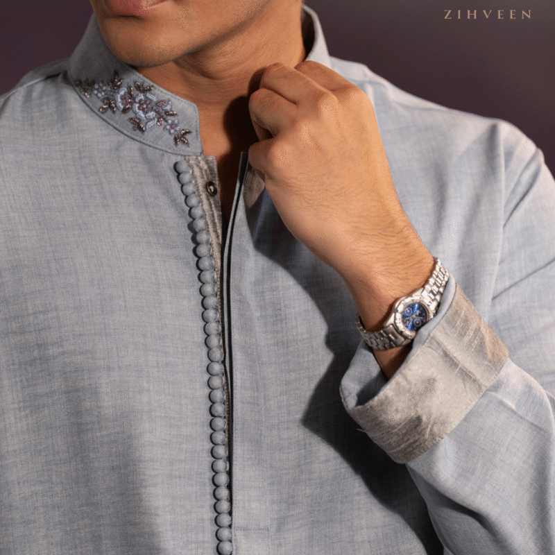 Stonewash blue panjabi with zardoji collar