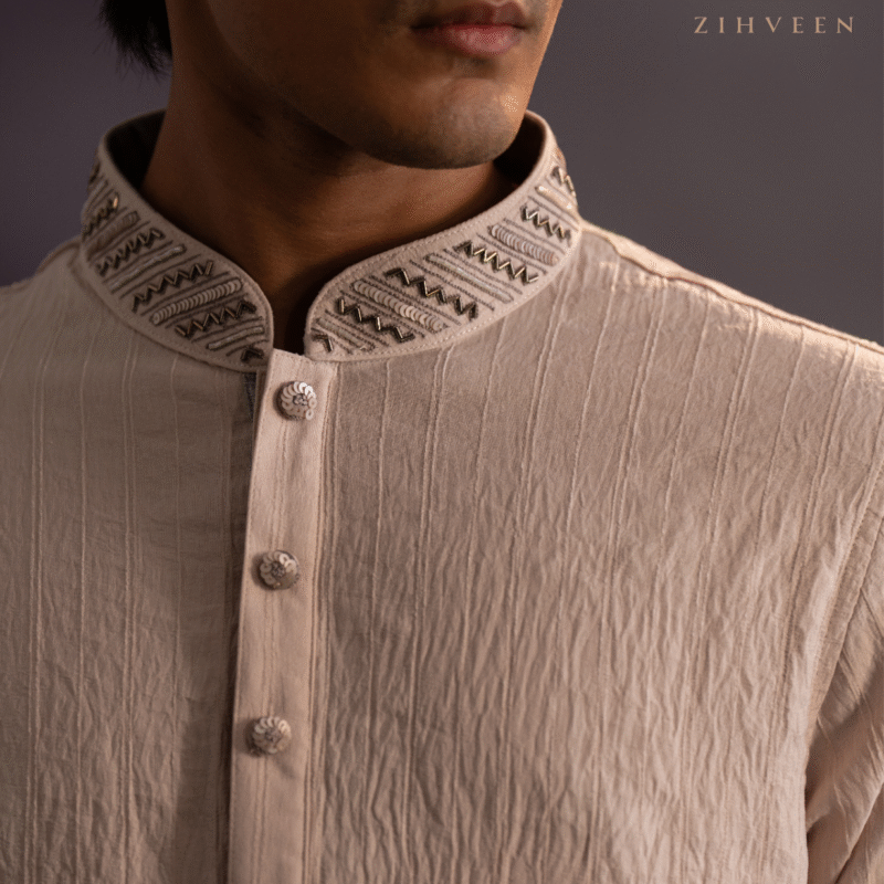 Blanched almond striped panjabi with zardoji collar and buttons